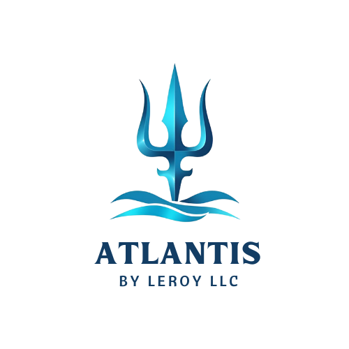 A trident above a stylized whale with waves and a blue background.