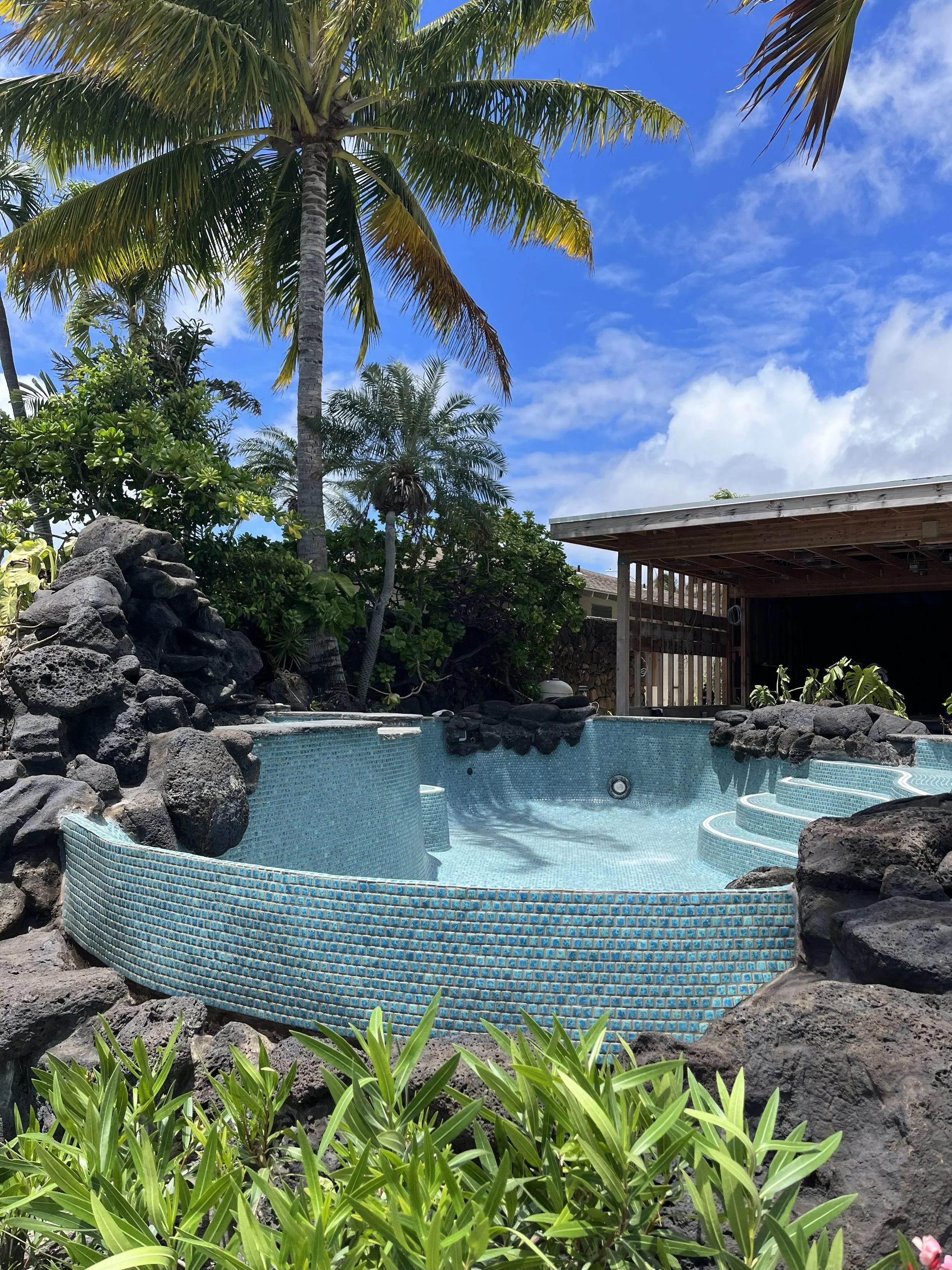 Empty backyard hot tub surrounded by volcanic rocks, green plants, and tropical trees with a wooden shed and bright blue sky with clouds overhead.
