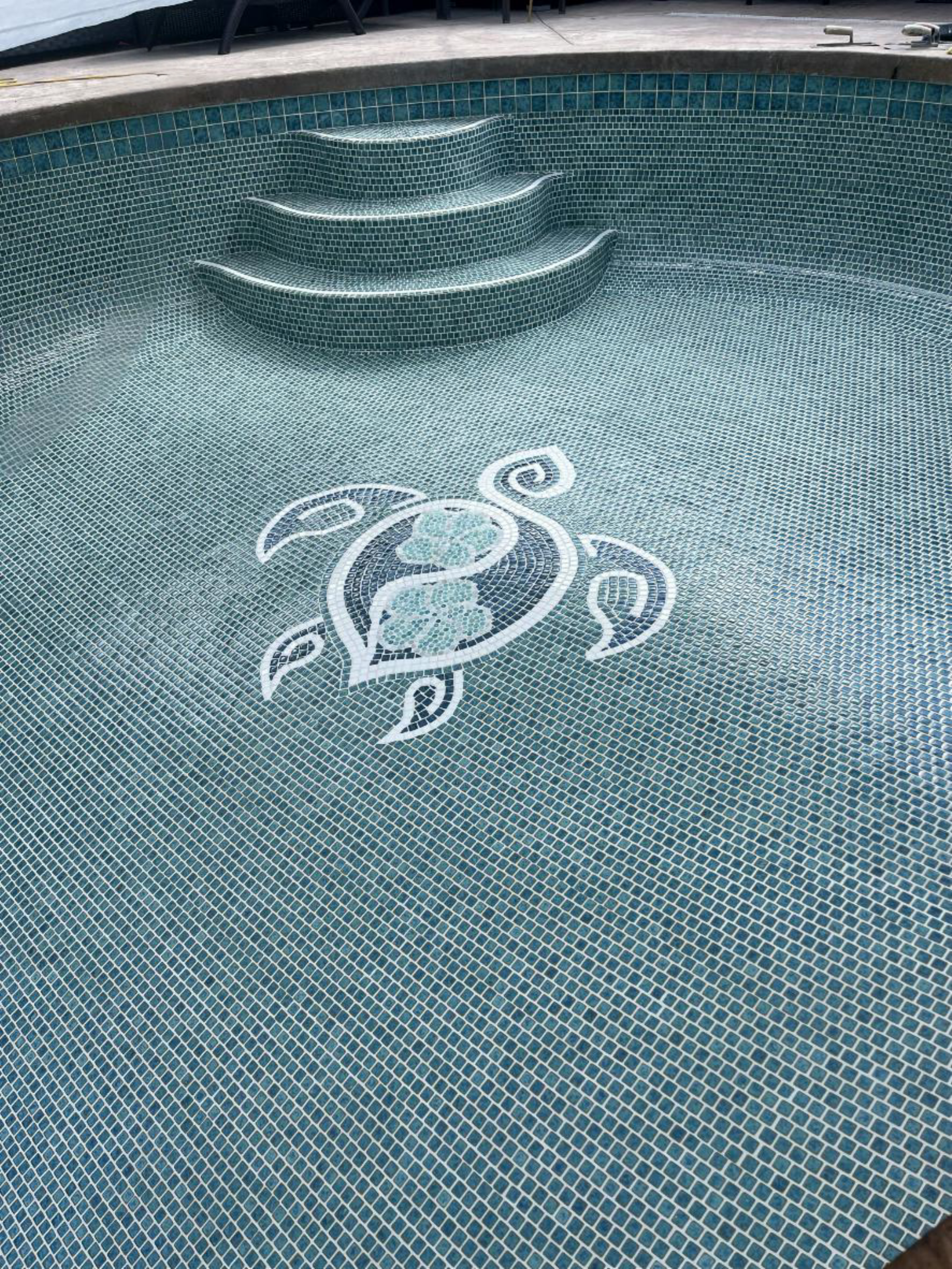 Empty swimming pool with blue mosaic tiles and a decorative floral pattern at the bottom. Built-in steps with the same tiles lead into the pool. Poolside chairs are visible at the top of the image.