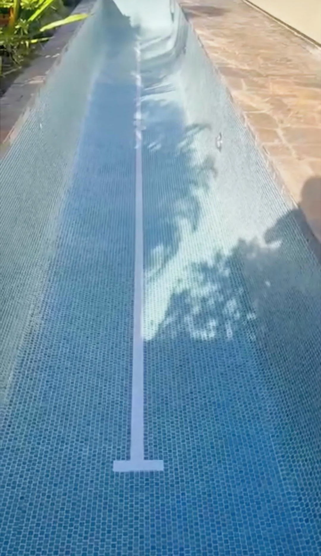 A pool cover with a lane marker painted on it, reflecting clouds and trees from above, beside a tiled pool deck.