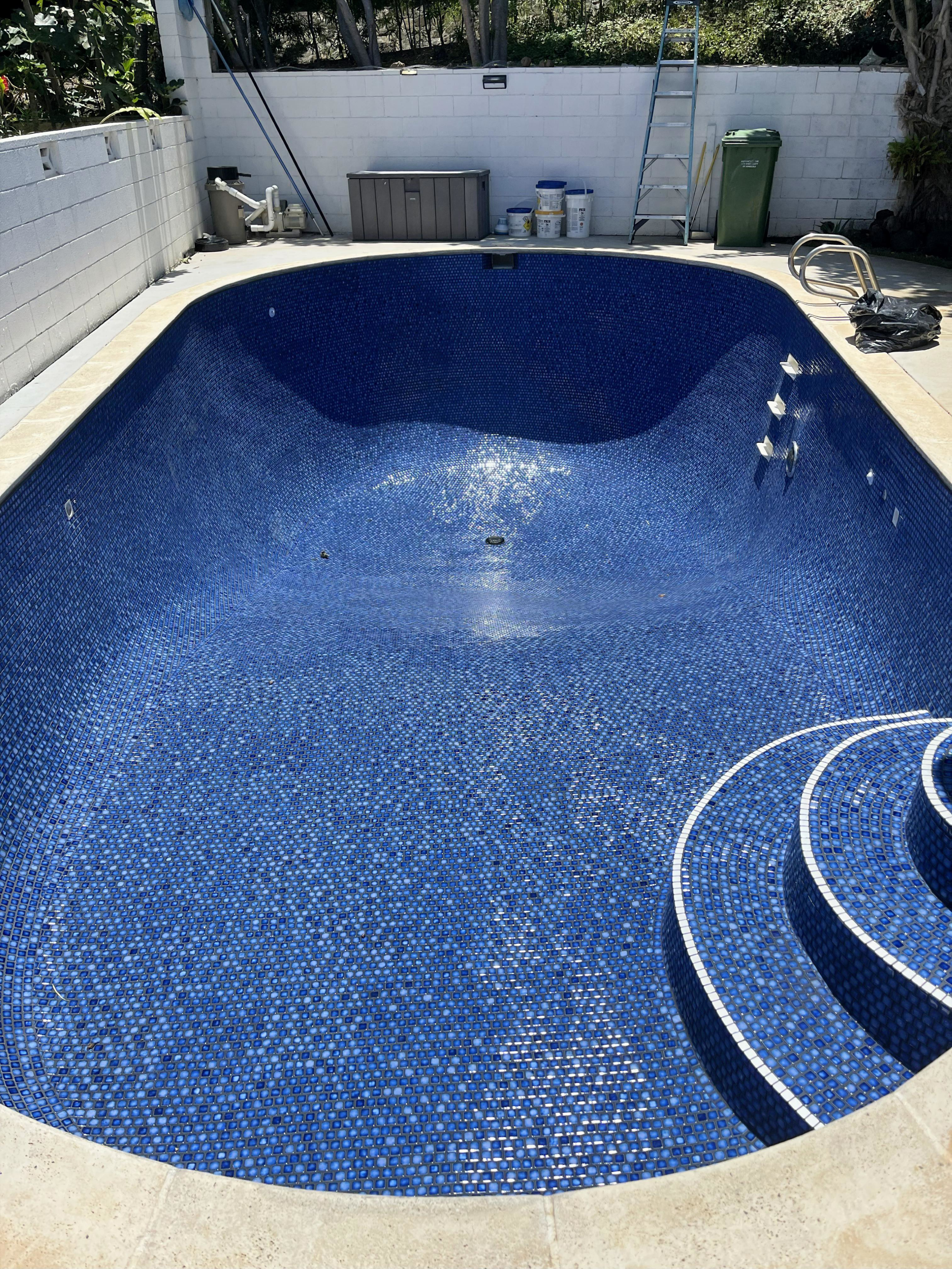 Empty backyard swimming pool with blue mosaic tiles, surrounded by concrete, with steps at the shallow end, and pool cleaning equipment and ladder nearby.