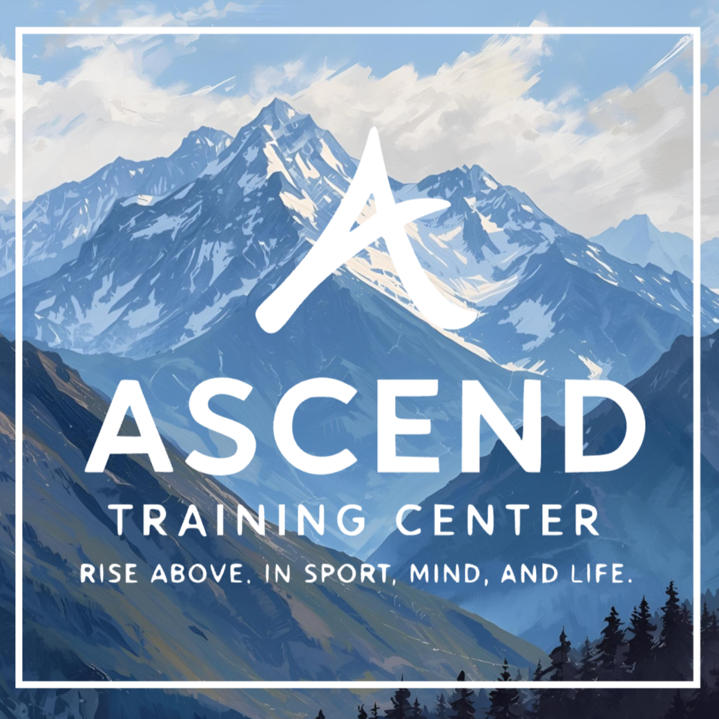 Illustration of a mountain range with snow-capped peaks and a blue sky in the background. Text overlay reads 'Ascend Training Center' with the tagline 'Rise above. In sport, mind, and life.'