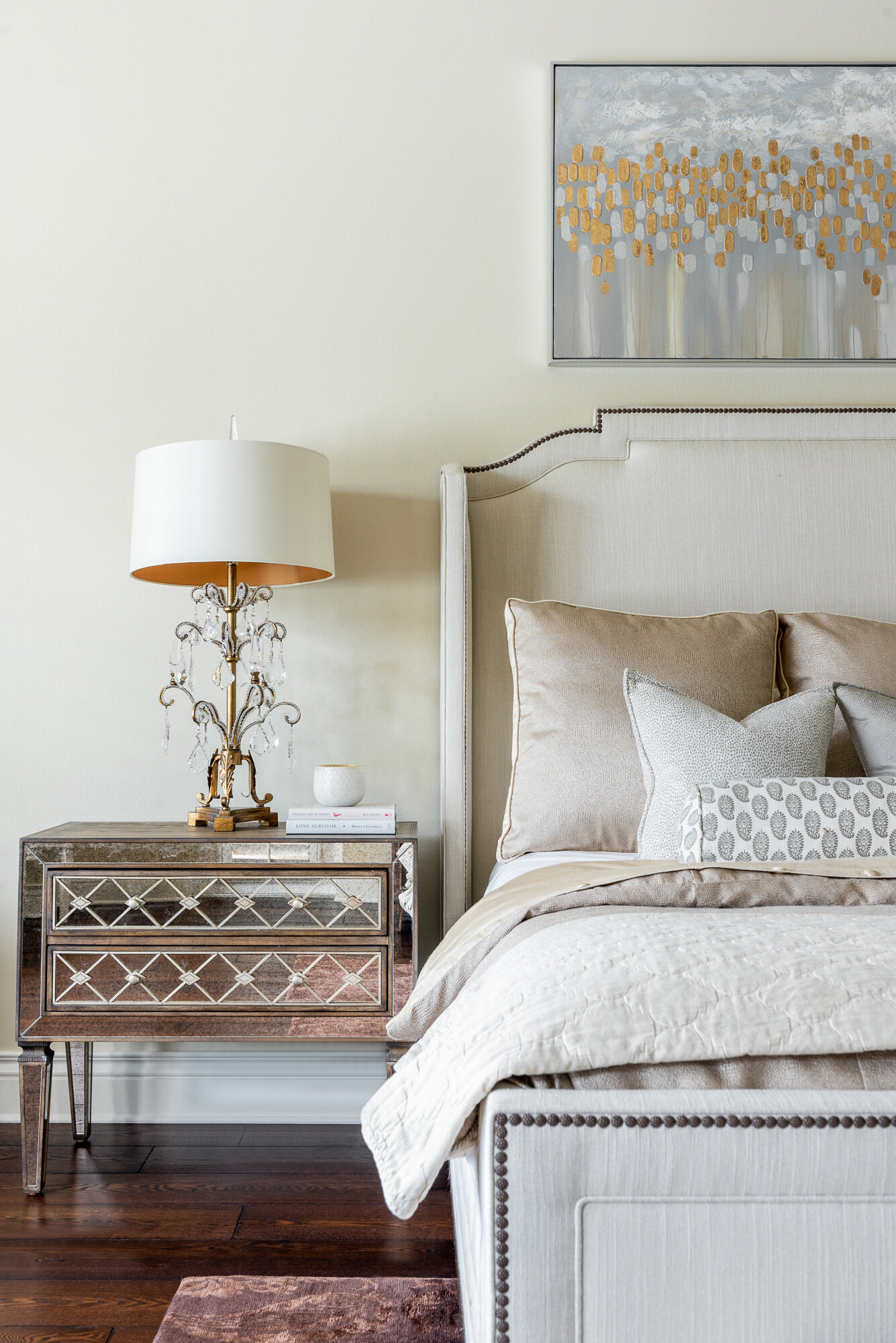 Master bedroom mirrored side table simple neutral colors