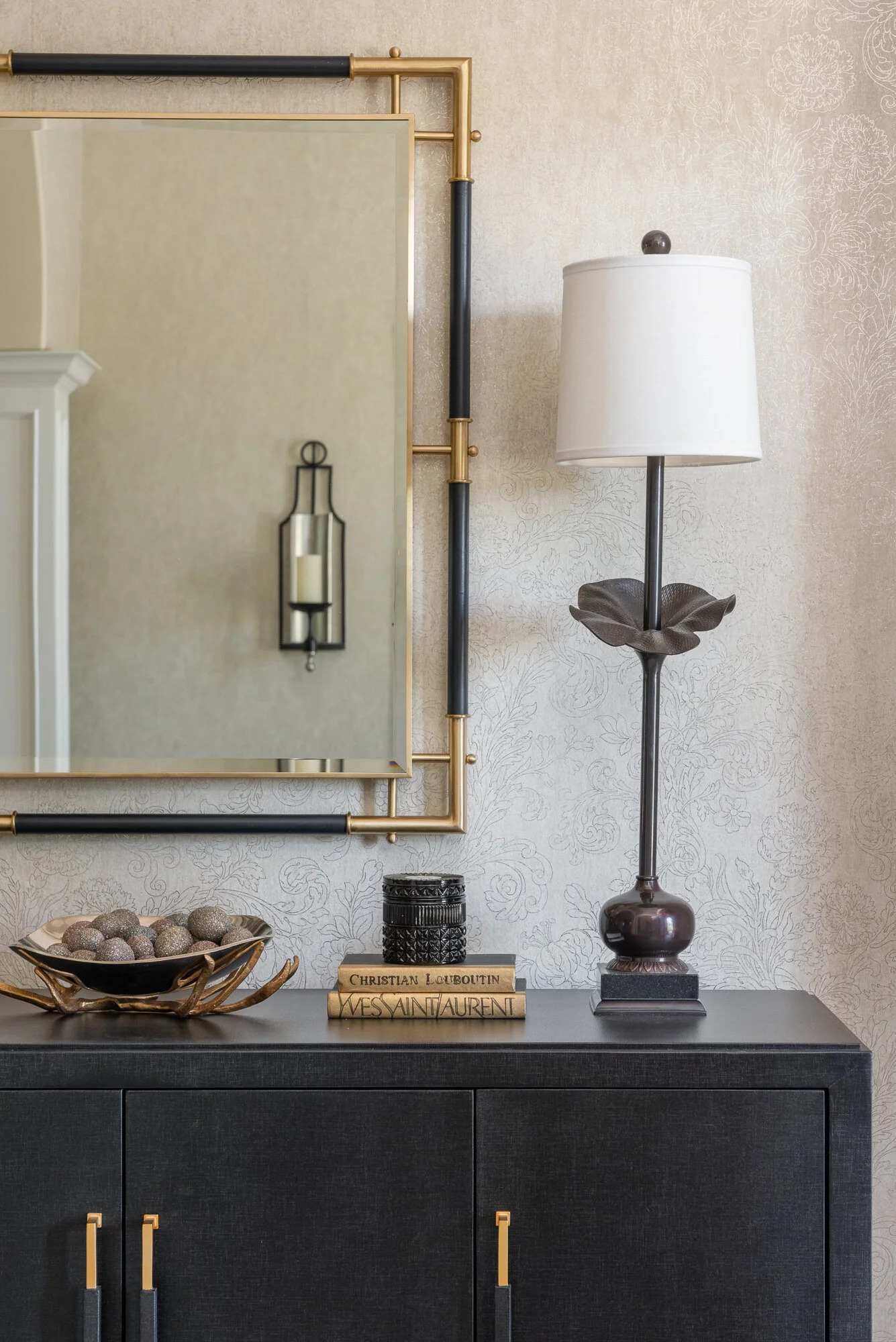 Entryway dark furniture with gold details