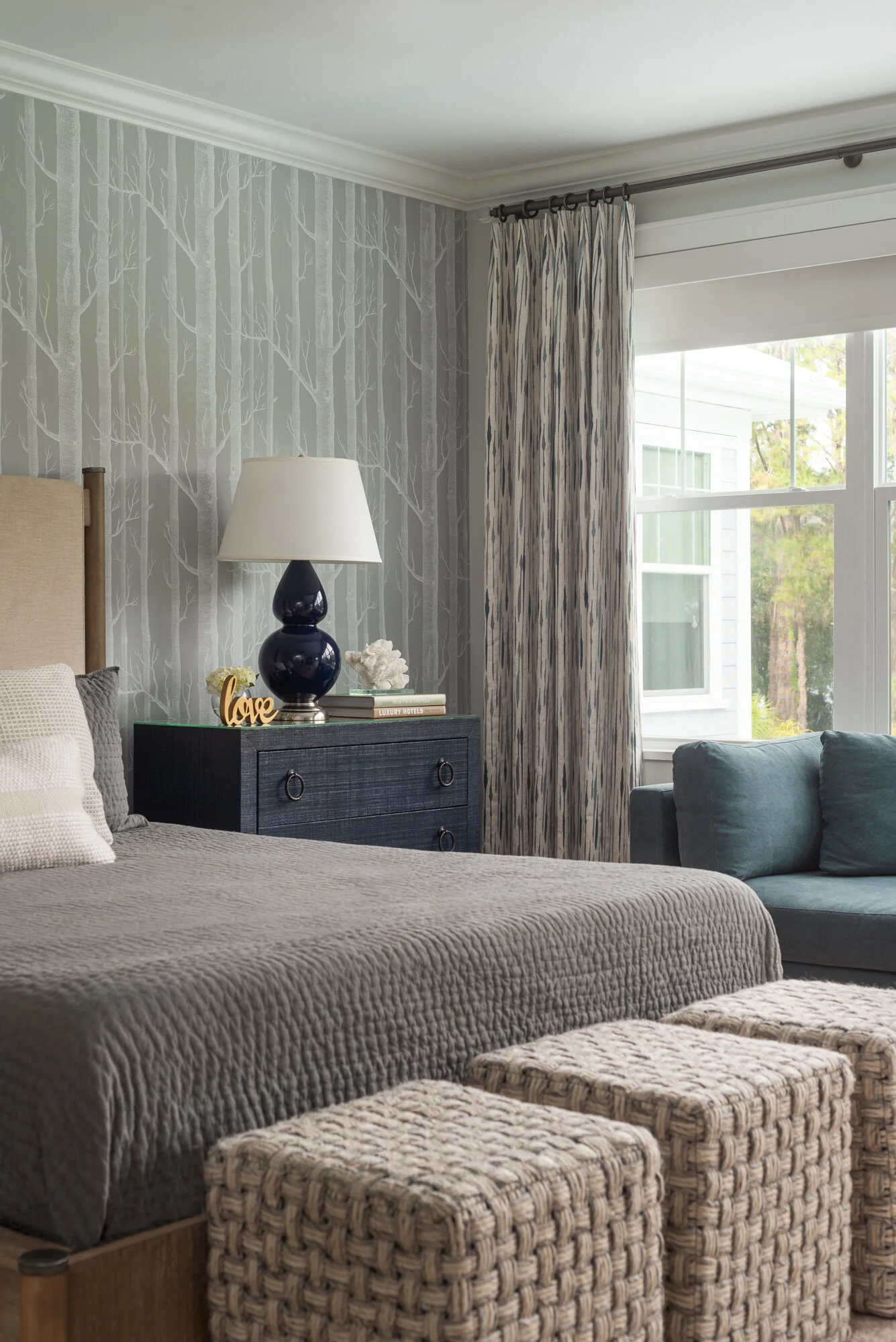 Dark neutral textured guest bedroom 