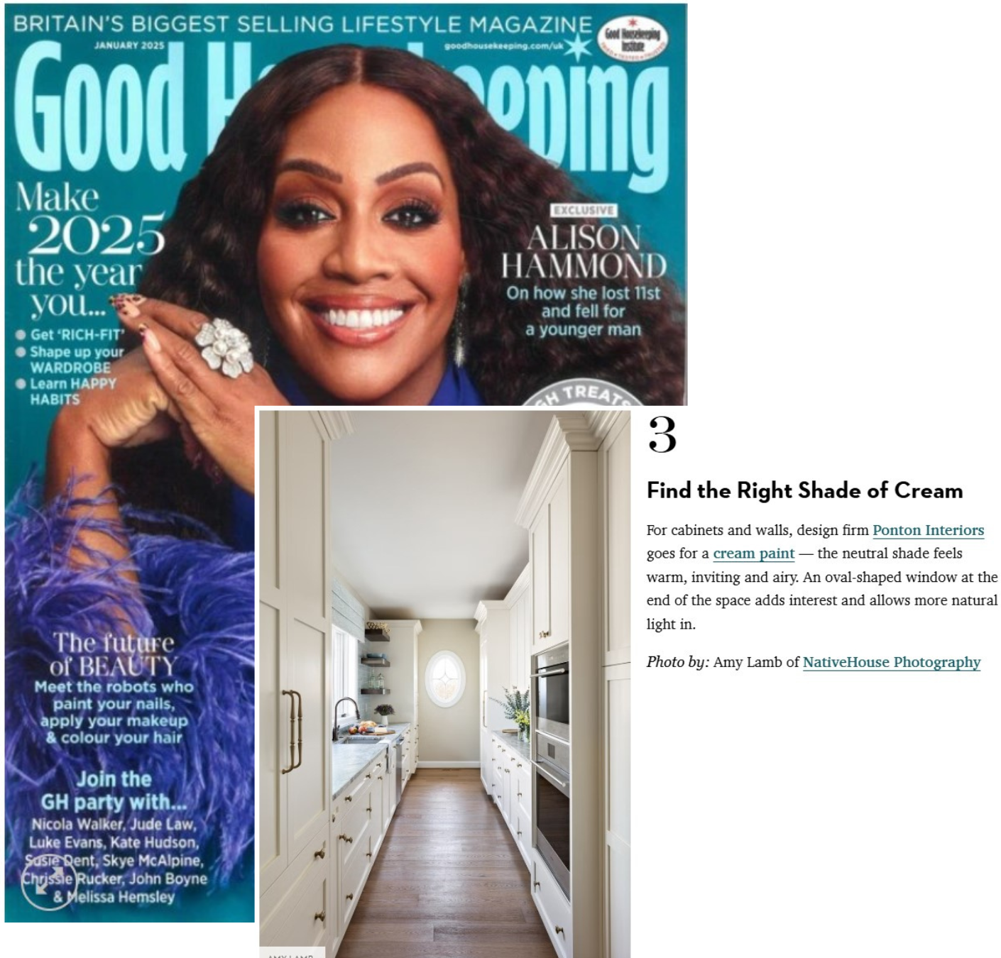 The image features the cover of 'Good Housekeeping' magazine from January 2025, showcasing a smiling woman with curly hair, wearing a blue outfit and a large ring, with headlines about lifestyle and beauty topics. There is also a smaller photo of a modern kitchen with white cabinetry, a small arched window, and wooden flooring.