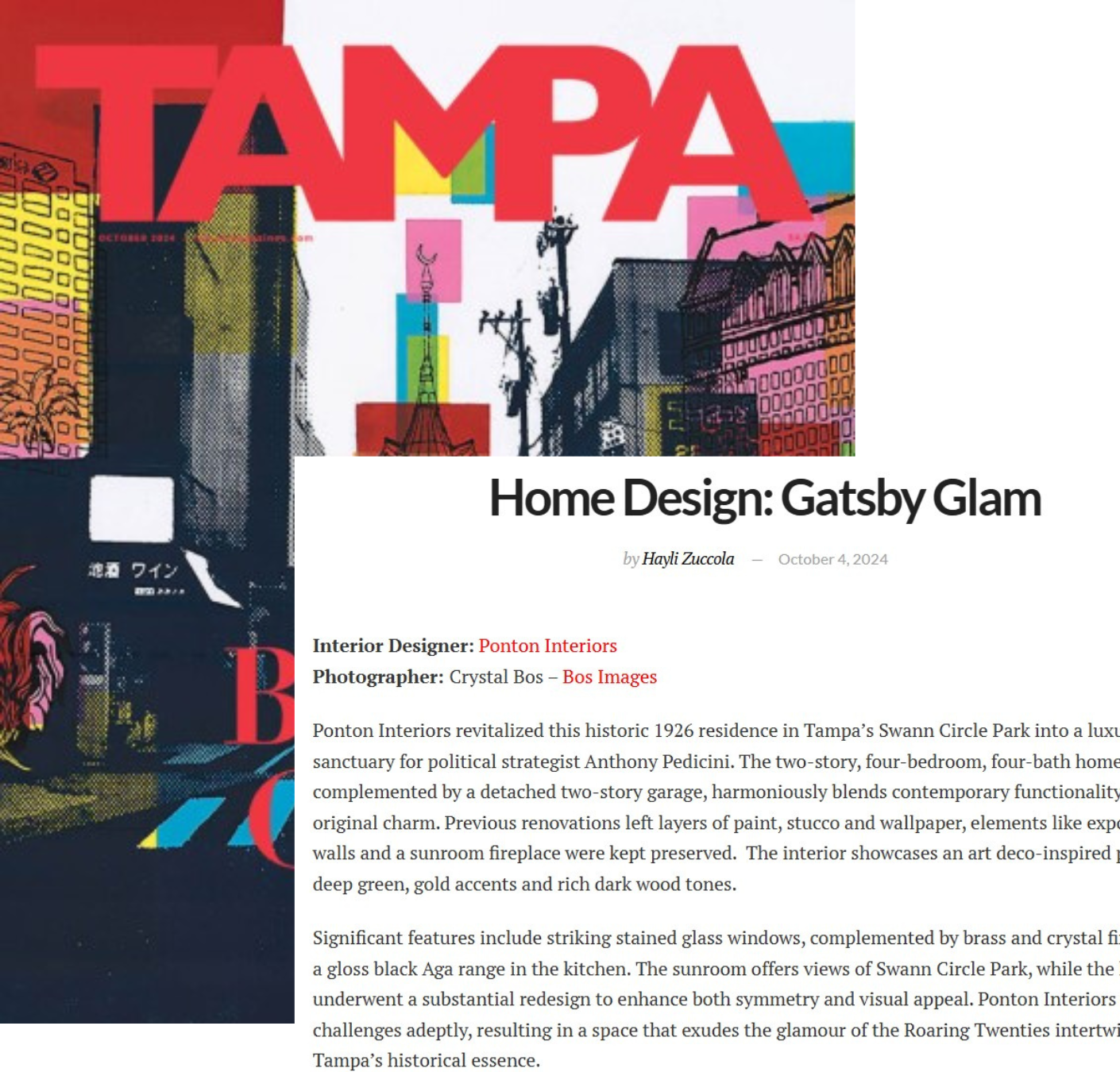 Magazine cover with bold red 'TAMPA' text, colorful urban scene illustration, and an article titled 'Home Design: Gatsby Glam' by Hayli Zuccola, published October 4, 2024.