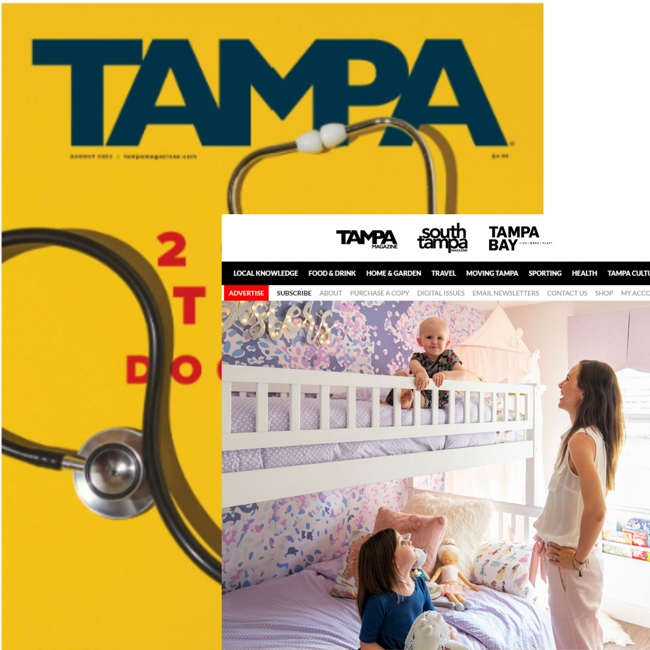 A magazine cover with a stethoscope, partially covering the title 'TAMPA,' and a webpage overlay showing a woman and two children in a pink-themed bedroom with bunk beds.