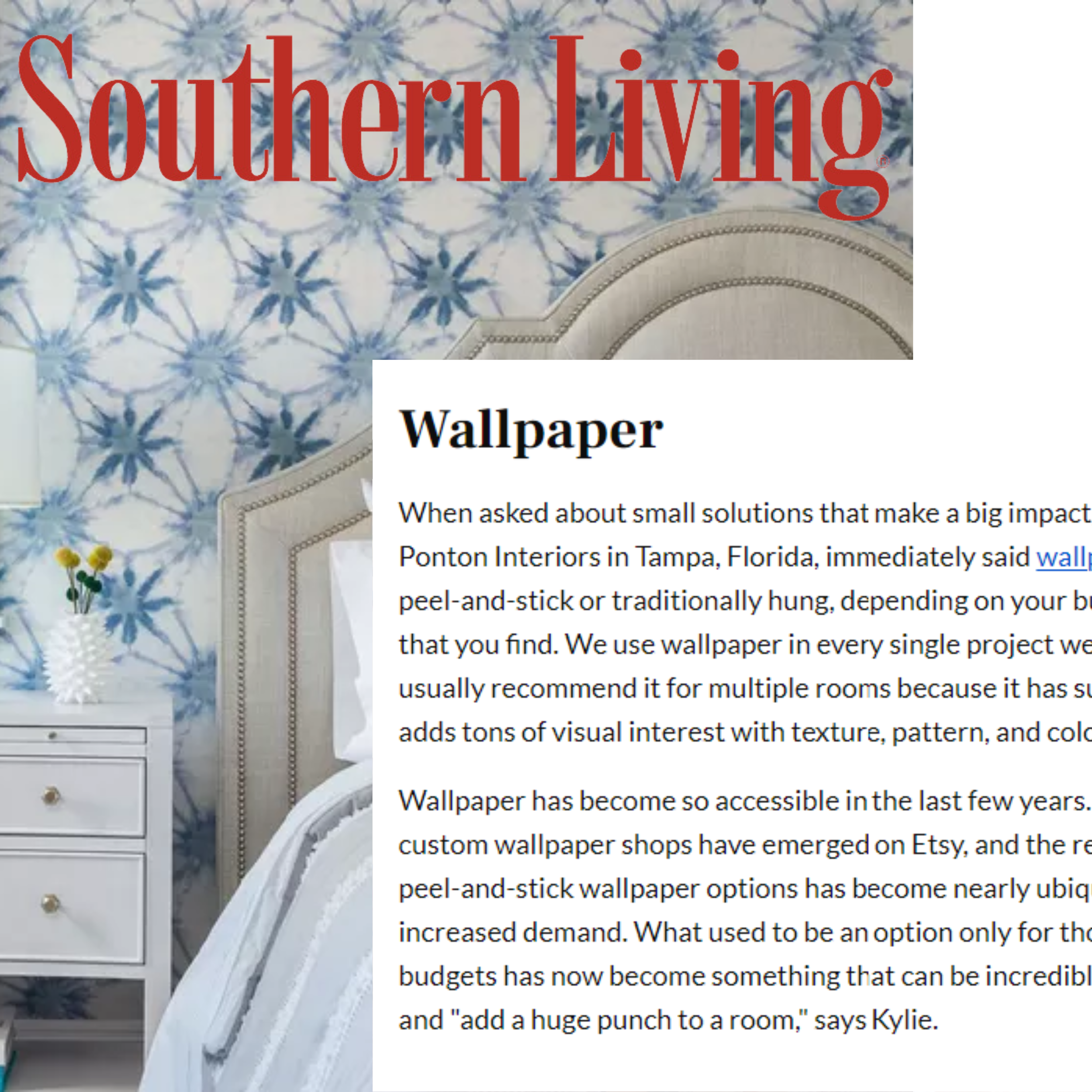 Close-up of a magazine article titled 'Wallpaper' from Southern Living, featuring a bedroom with a blue and white tie-dye patterned wall, a beige headboard, a white nightstand with a vase of yellow flowers, and a bed with white bedding.