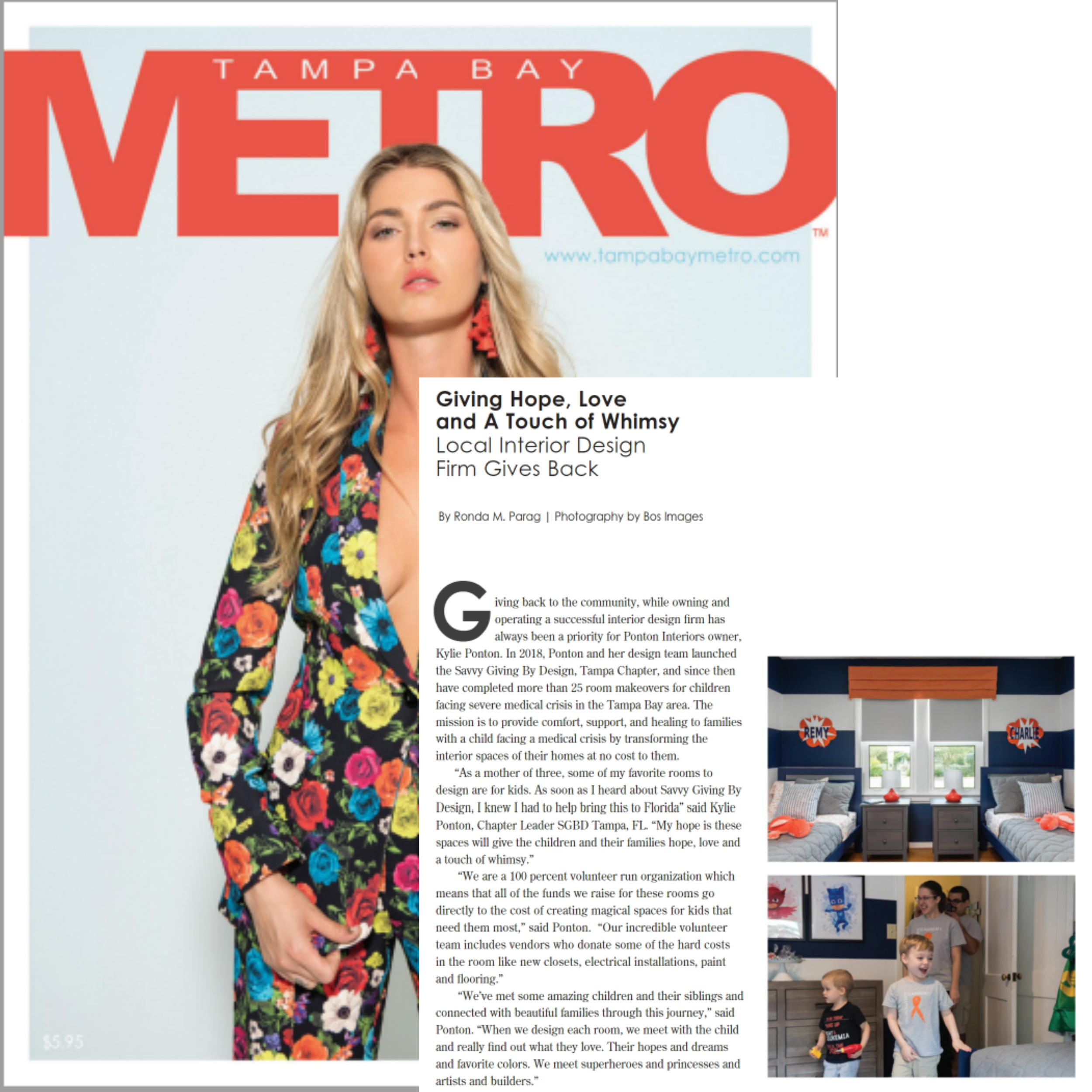 Cover of Tampa Bay Metro magazine featuring a woman with long blonde hair wearing a colorful floral blazer, with the headline 'Giving Hope, Love and A Touch of Whimsy' and an article about local interior design and community support.