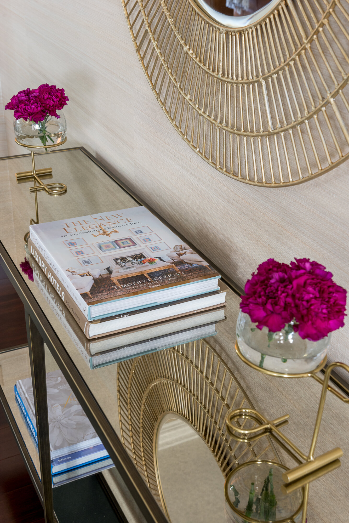 Dining room blue lampstand and wood mirrored sideboard