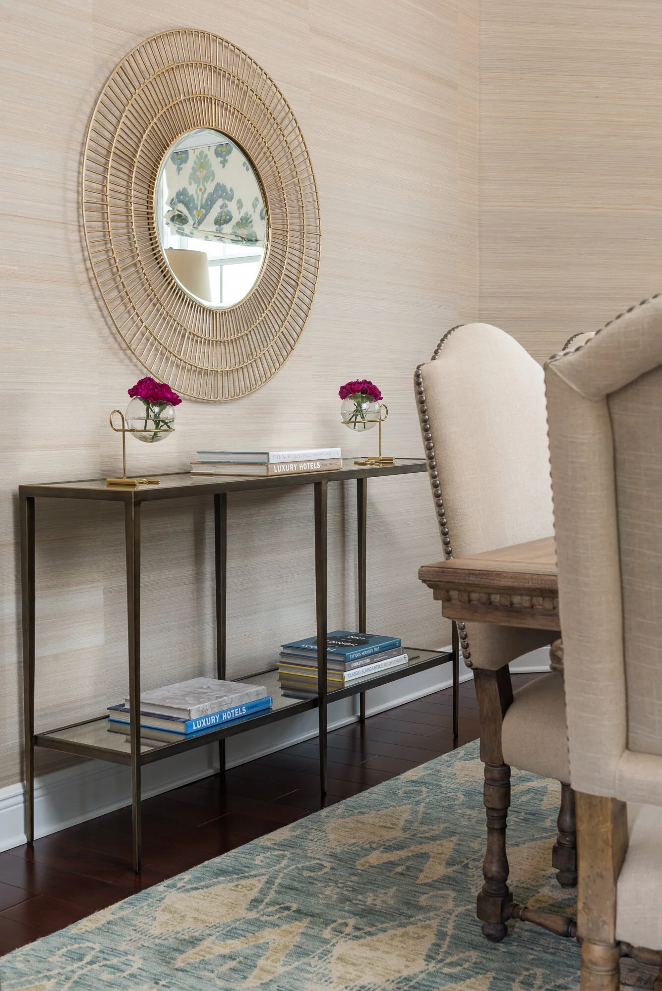 Dining room blue lampstand and wood mirrored sideboard