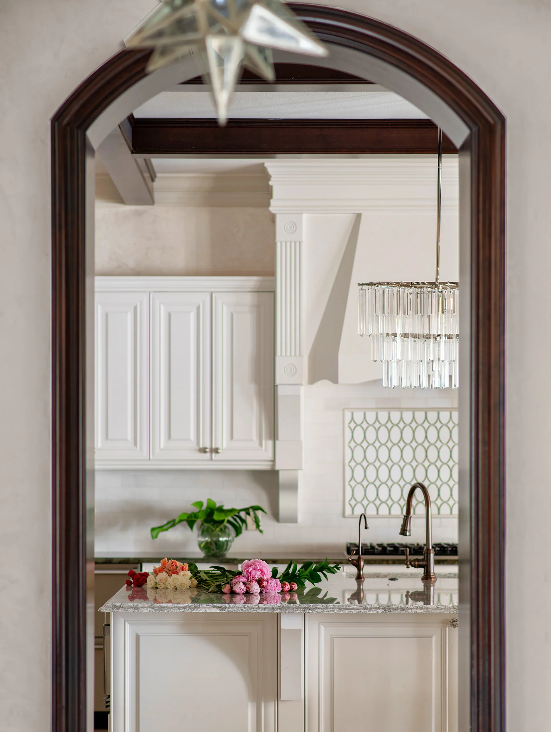 Big white classic modern kitchen star chandelier wood trimming