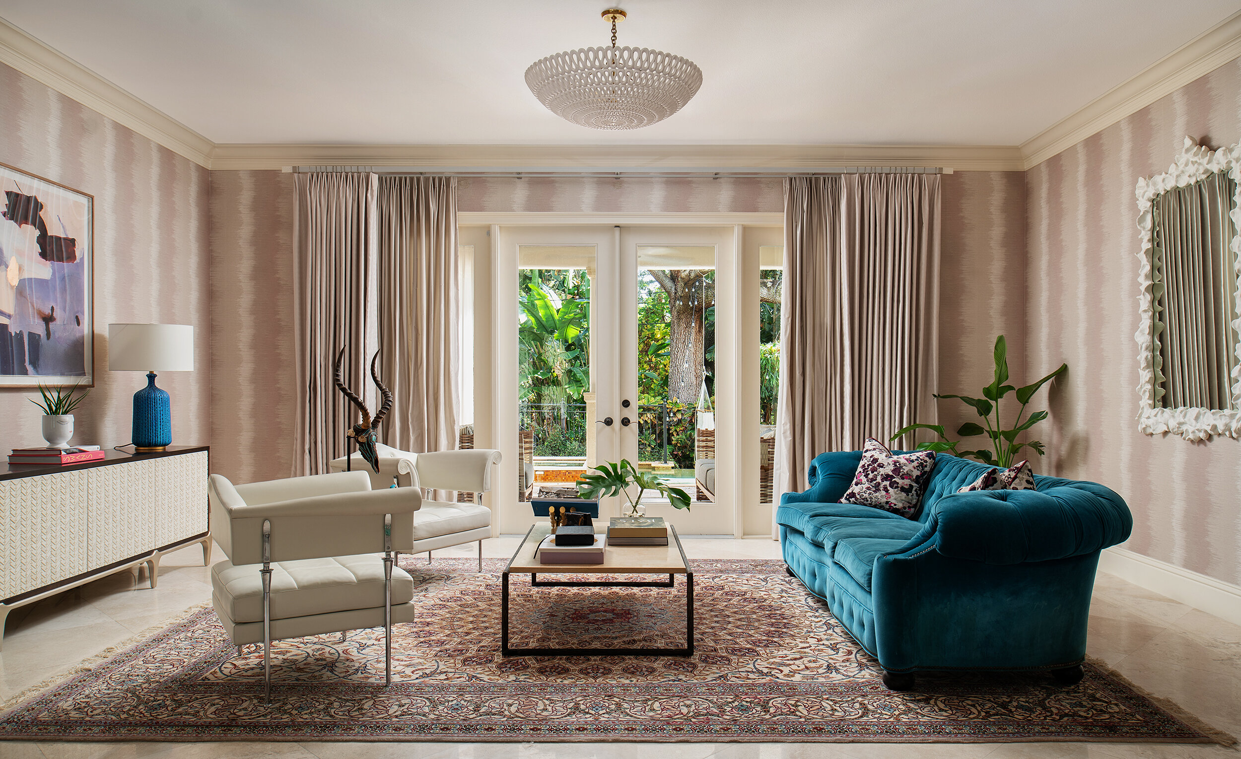 Art deco modern living room blue lamps and abstract painting