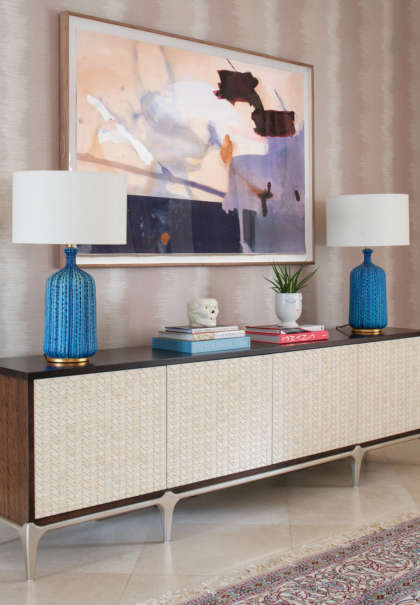Art deco modern living room blue lamps and abstract painting
