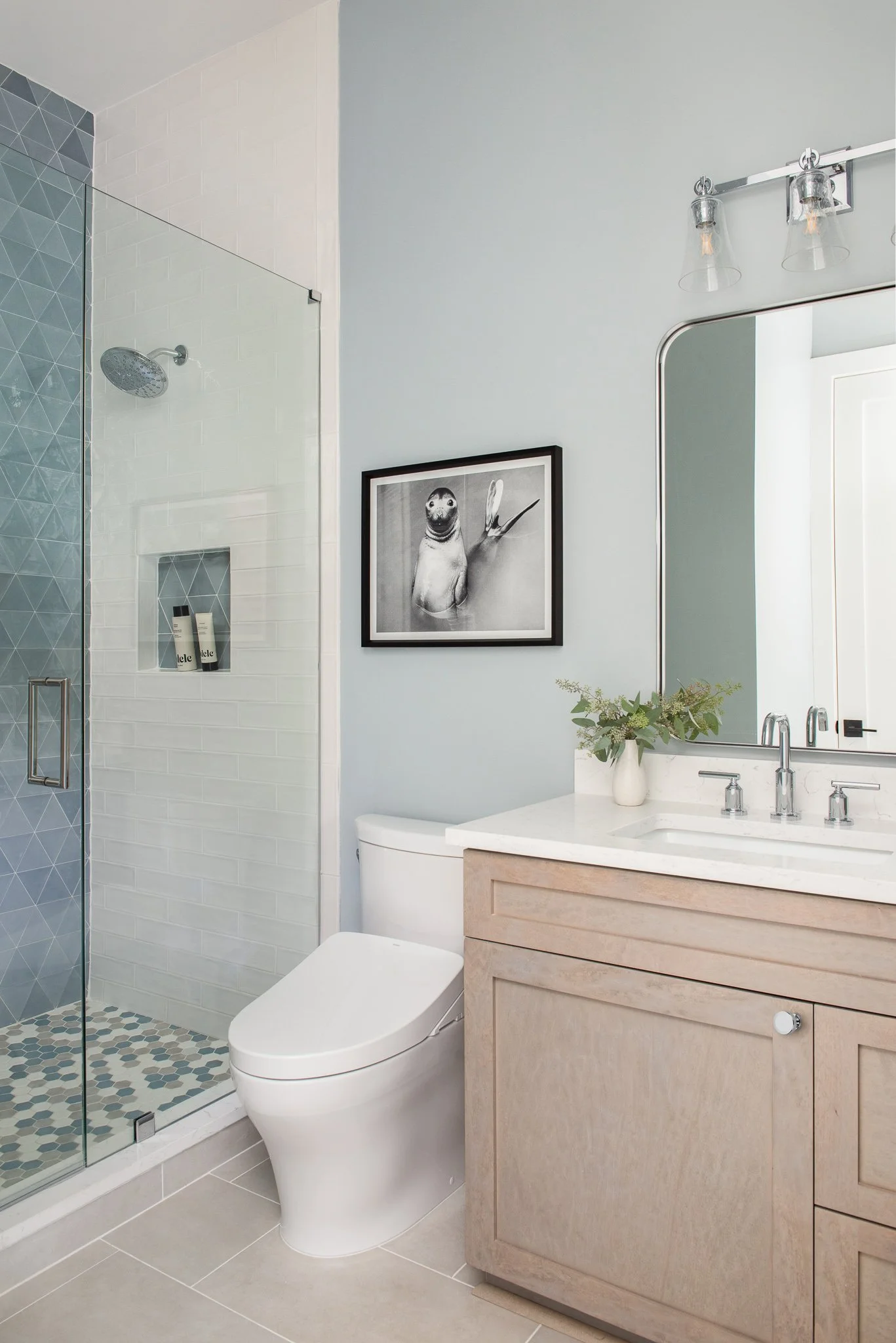Modern bathroom with walk-in shower, toilet, vanity with mirror, and framed penguin picture on the wall.