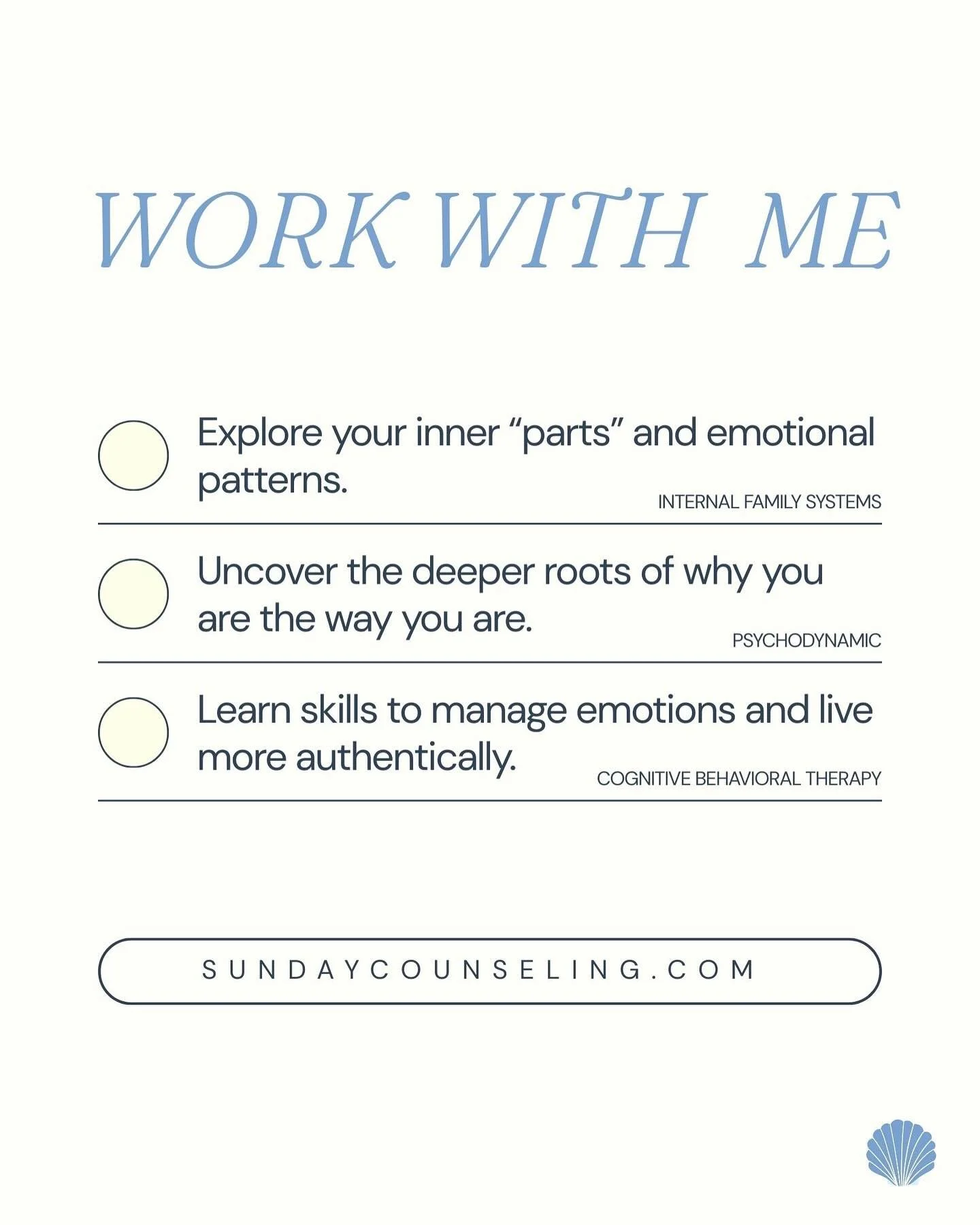 My approach to therapy is warm, collaborative, and active. My work draws from Internal Family Systems (IFS), psychodynamic therapy, and Cognitive Behavioral Therapy (CBT). This means our sessions may involve exploring the different &ldquo;parts&rdquo