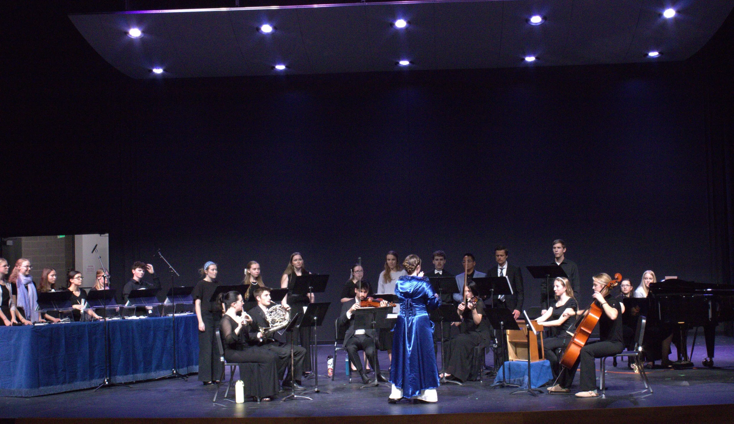 A group of musicians performing on stage, with a conductor in the foreground, in a concert hall with black backdrop and overhead lights.