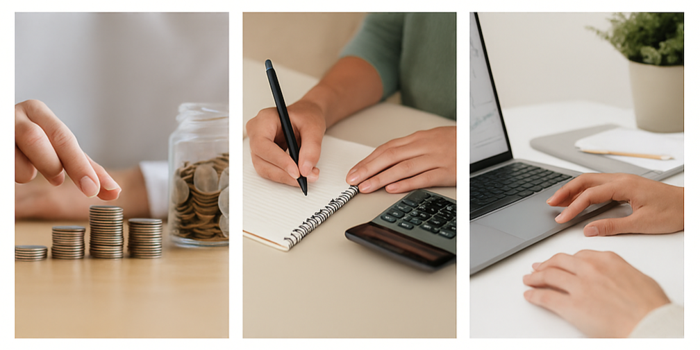 A collage of three images showing financial planning. The first image shows a hand stacking coins into increasing piles next to a jar of coins. The second image shows a person writing in a notebook with a calculator nearby. The third image shows hands using a laptop on a desk with a notebook and a plant in the background.