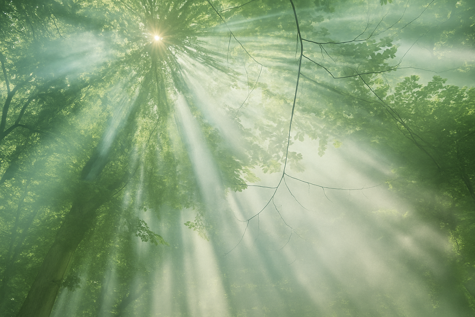 Sunlight beams filtering through the green leaves of tall trees in a forest.