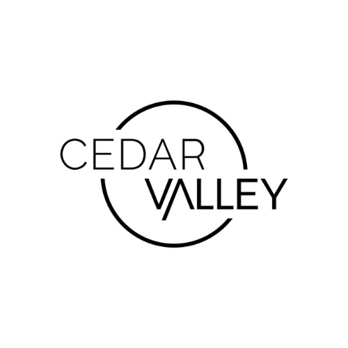 Logo for Cedar Valley with a circular design and minimalist text in black.