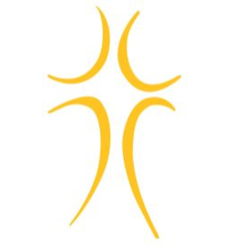 A minimalist yellow abstract design composed of four curved lines on a white background.