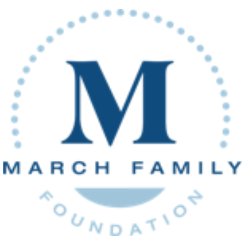 Logo for March Family Foundation featuring a large navy blue 'M' with the words 'March Family' beneath and 'Foundation' curved at the bottom in light blue, all enclosed by a dotted circle.