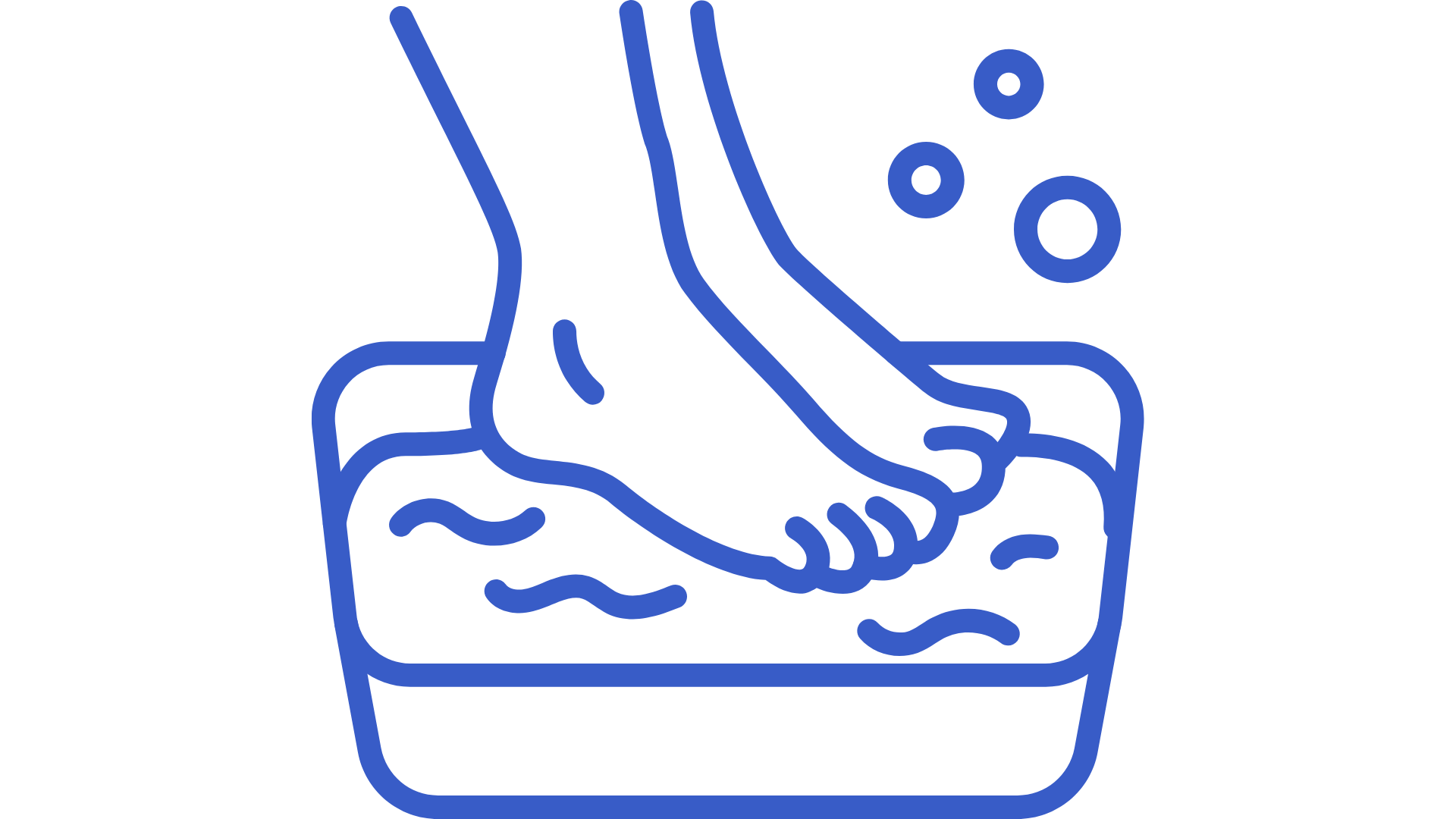 Line drawing of hands washing in a basin with water, soap bubbles.