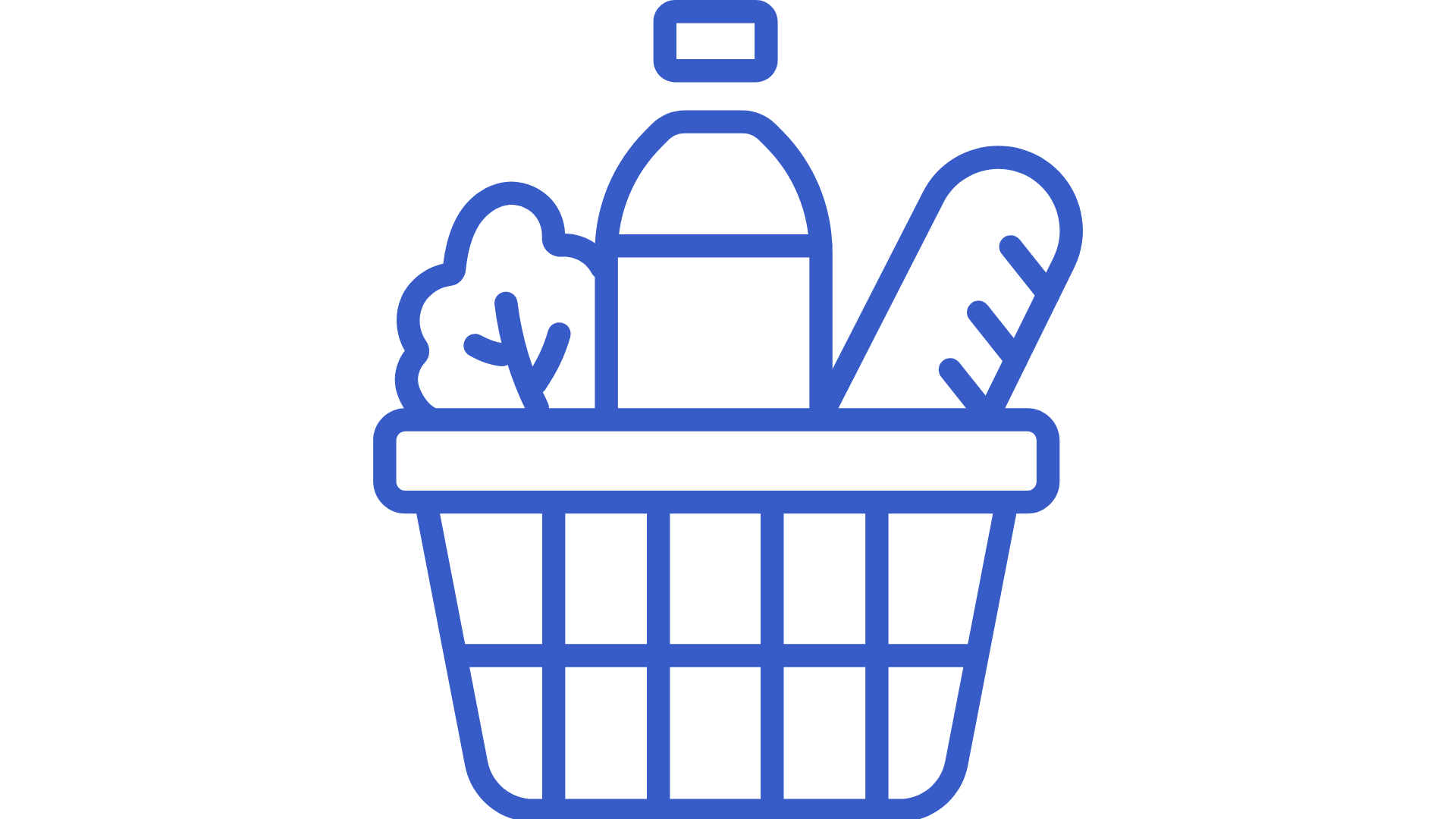 Outline of a shopping basket filled with grocery items including a bottle, leafy greens, a box, a carrot, and a baguette.