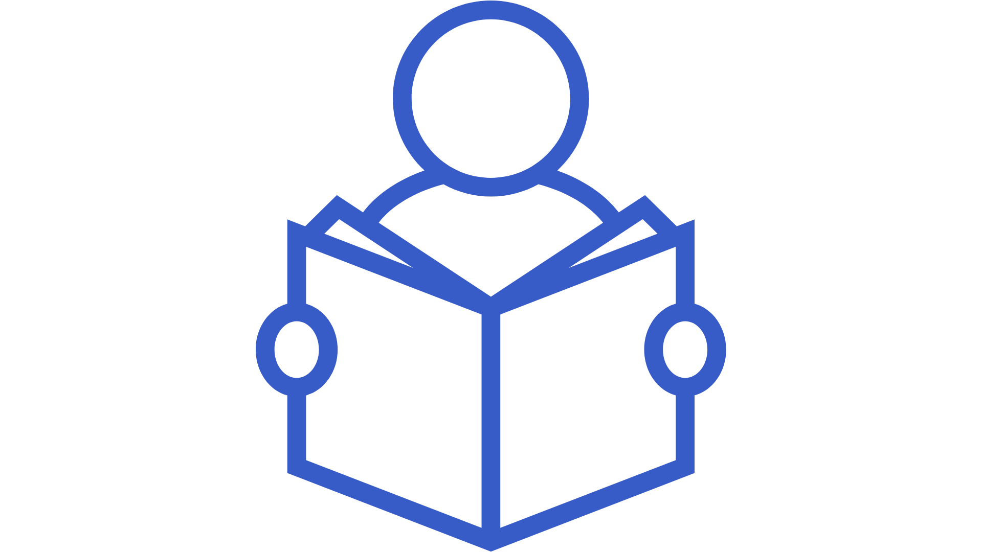 Line drawing of a person reading a book while sitting with a box in front.