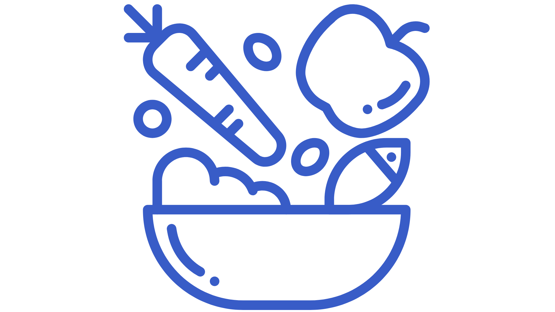 Line drawing of a bowl with vegetables being tossed in it, including a carrot, tomato, lemon wedge, and leafy greens.