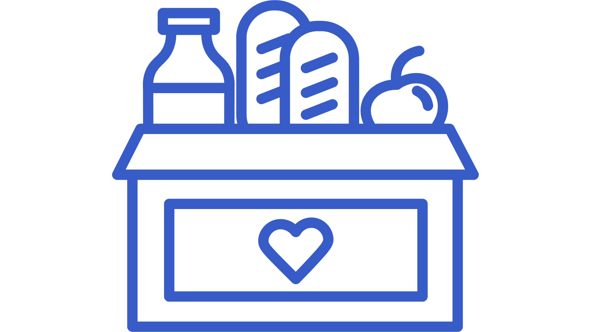 Line drawing of a donation box filled with food items, including a bottle, a loaf of bread, an apple, and a can, with a heart symbol on the front.