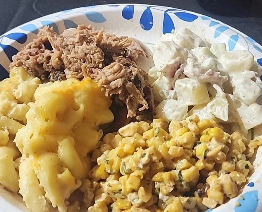 Pulled pork, 3 cheese mac & cheese, Mexican street corn, German potato salad