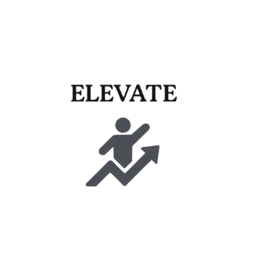 A motivational graphic with the word 'ELEVATE' and an icon of a person running upward on an arrow.