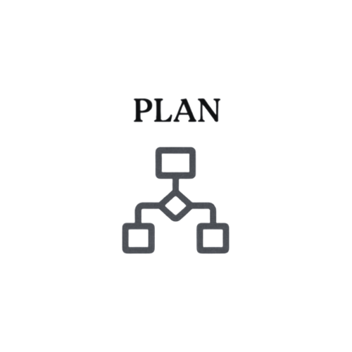 Diagram with a small square at the top labeled 'PLAN', connected to three larger squares below through lines, illustrating a flowchart or organizational plan.