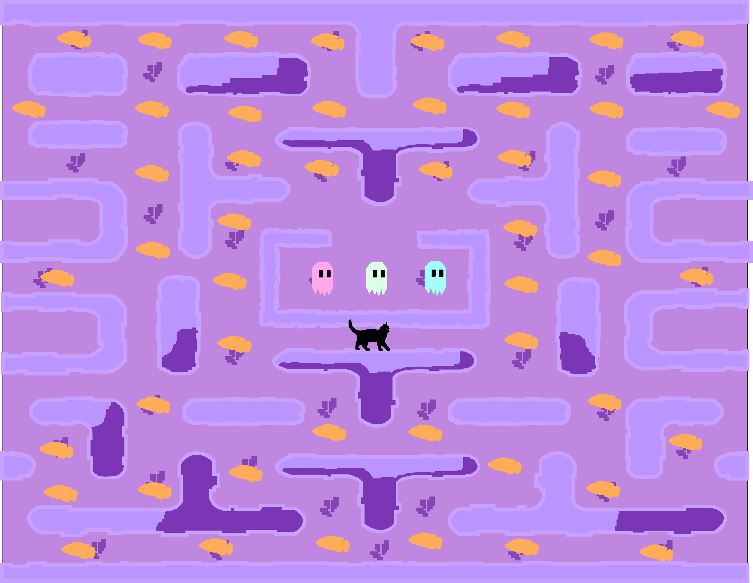 Screenshot from Pac-Man showing a purple maze with orange pellets, three colorful ghosts, and a black cat in the middle.