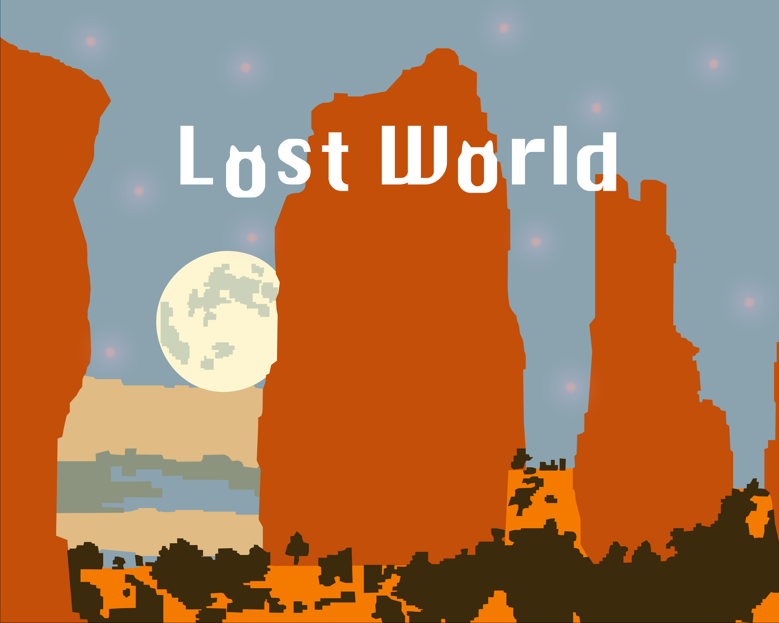 Pixel art landscape of tall orange rock formations under a full moon with a starry sky, labeled 'Lost World'.