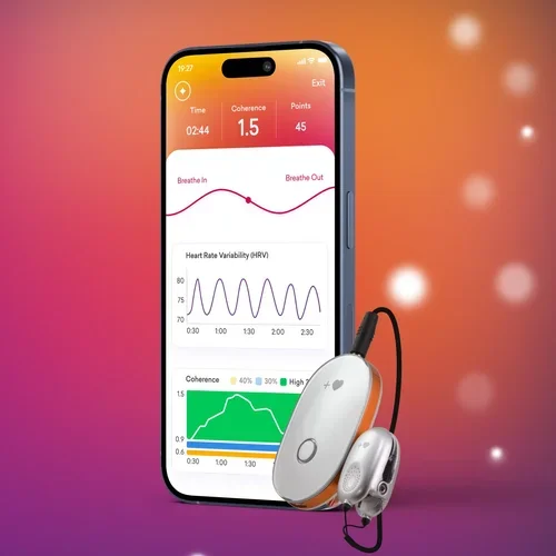 Smartphone displaying a health app with breathing and heart rate data; connected to a portable medical device with sensors.