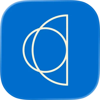 Abstract geometric logo with overlapping circles and semi-circles on a blue background.