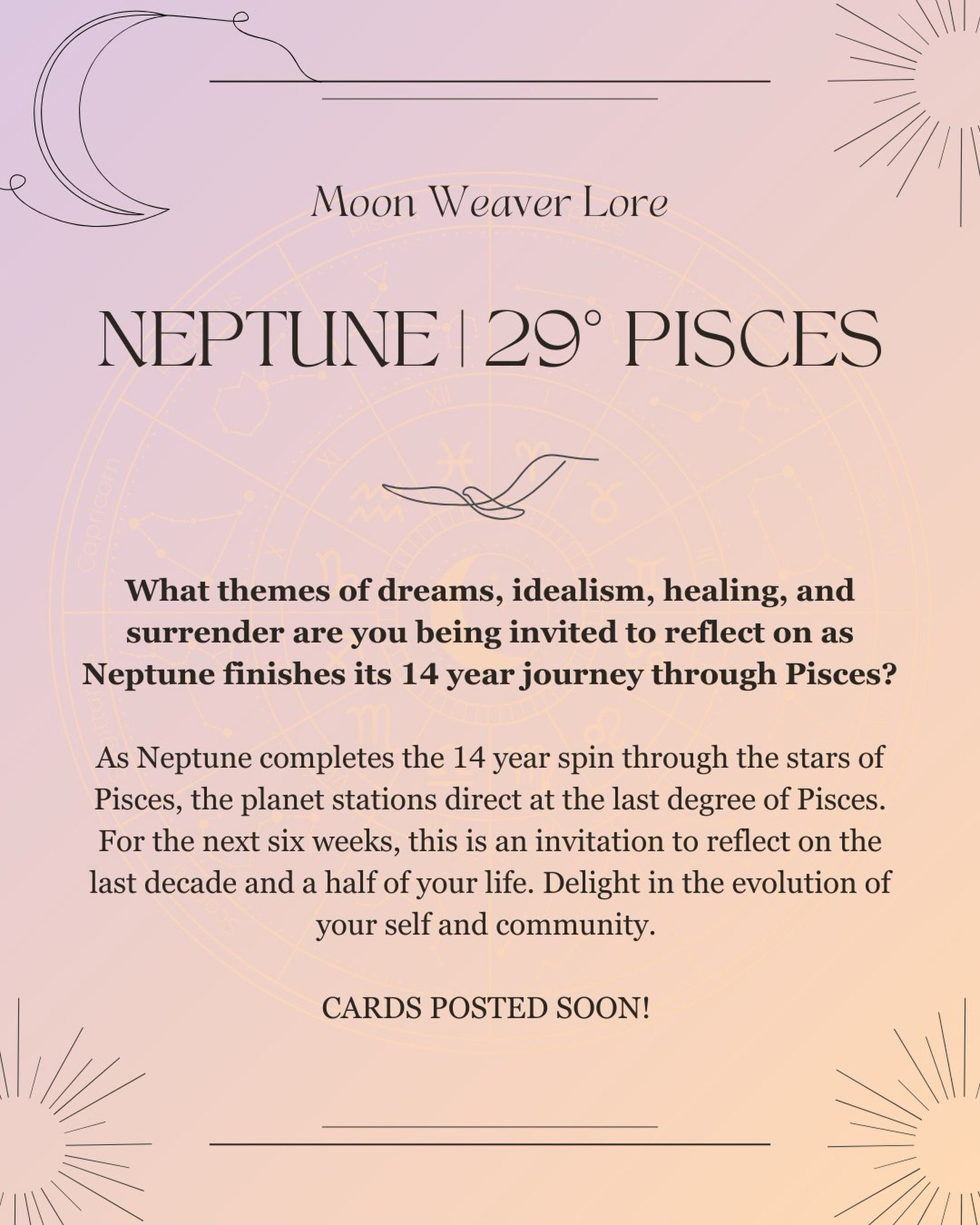 Neptune in Pisces at the final degrees of Pisces gives us a chance to reflect on the past decade (and a half) of life. Aries to Leo coming up, then Virgo to Pisces 💛