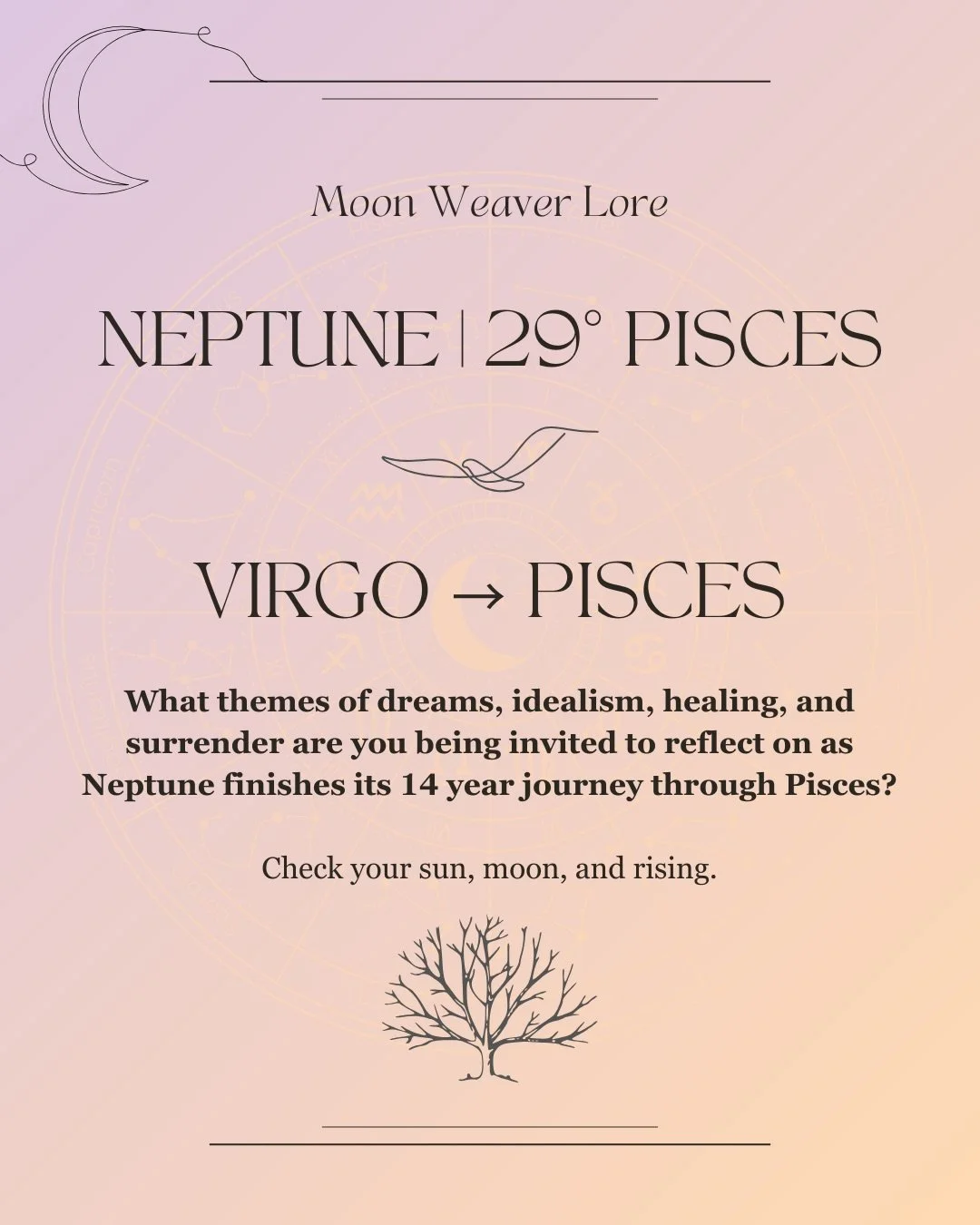 Virgo. Libra. Scorpio. Sagittarius. Capricorn. Aquarius. Pisces. If you have these sun, moon, rising and Neptune placements in your natal chart, find your message from Neptune as it spins through last degrees of Pisces (until it visits again in 2175)