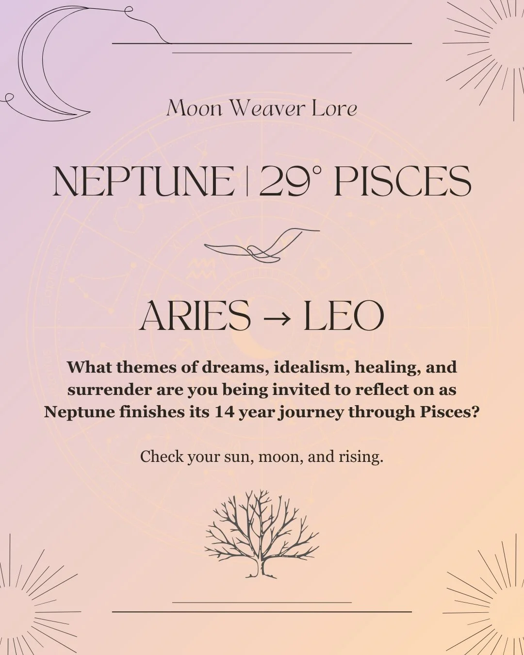 Beckoning all Aries, Taurus, Gemini, Cancer, and Leo (Sun, moon, rising, and, sure, let&rsquo;s add Neptune) placements. The message from Neptune as it completes its 14 year chapter in Pisces. Next time it comes around, it will be the year 2175.