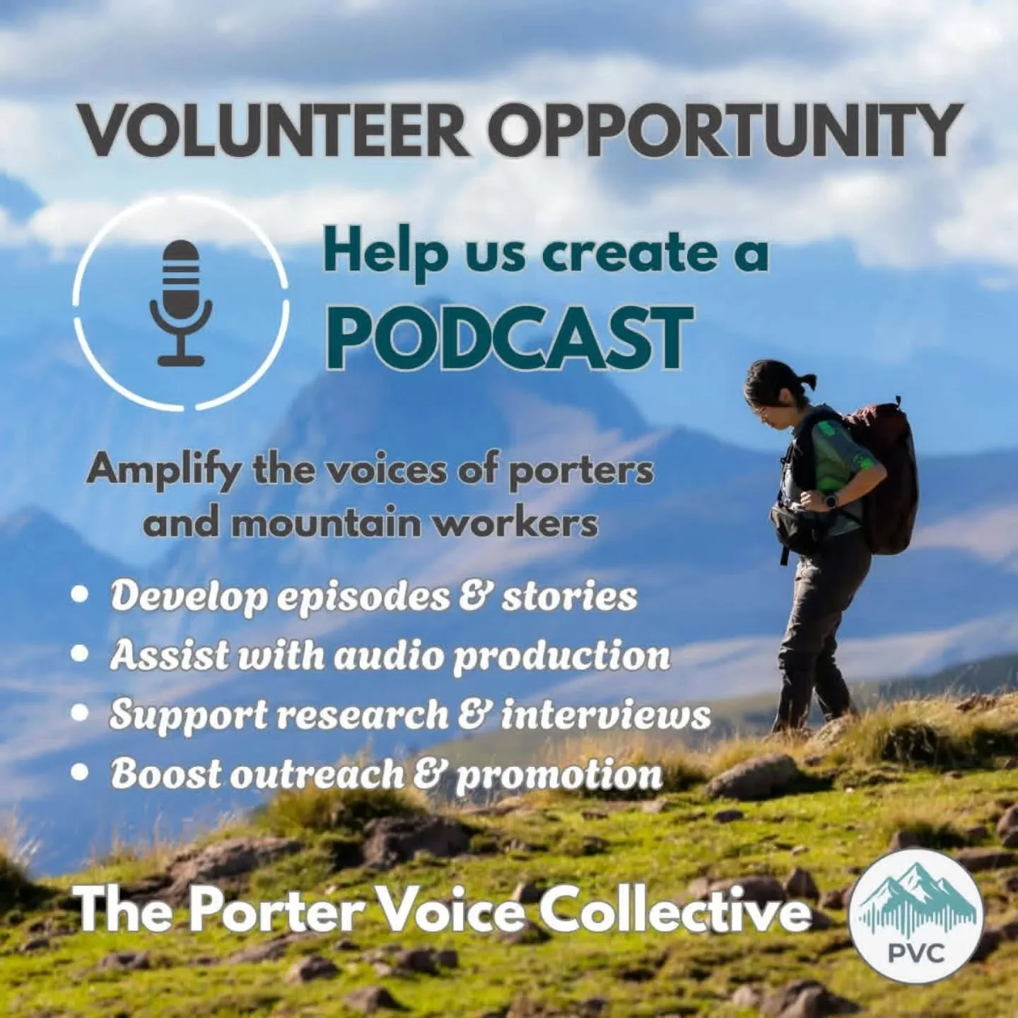 🎙️ Volunteer Opportunity | Podcast Development &amp; Creation

We&rsquo;re looking for volunteers to help build a podcast centered on the voices, stories, and lived experiences of porters and mountain workers in the global trekking industry.

The Po