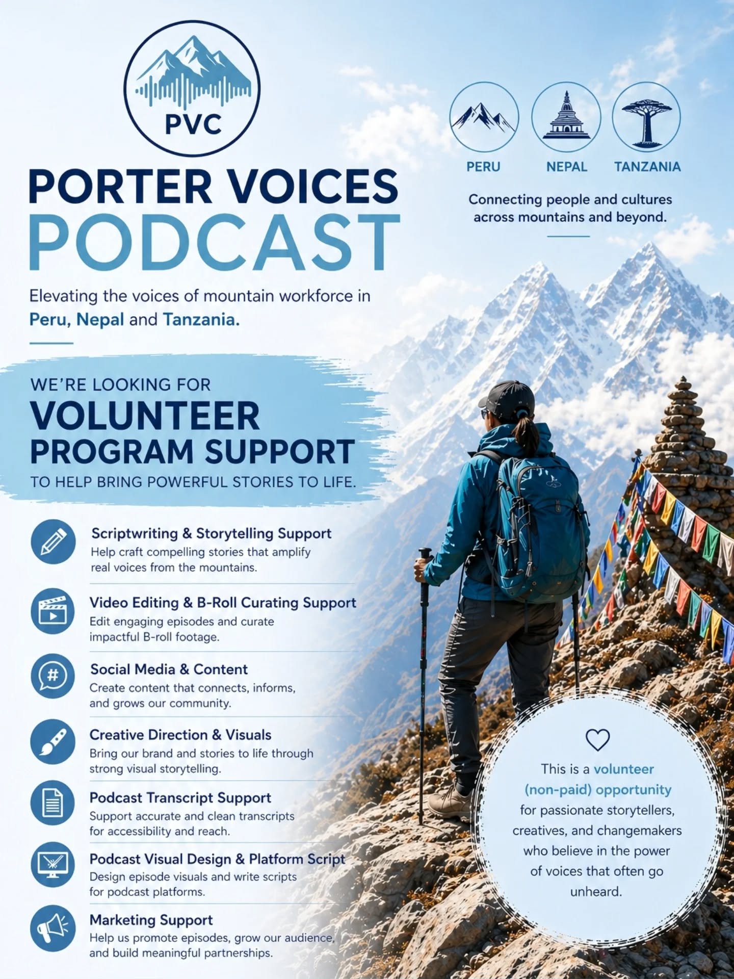🎙️ We&rsquo;re Looking for Volunteer Podcast Support &ndash; Join the Porter Voices Podcast Team

We&rsquo;re launching the Porter Voices Podcast this year&mdash;an initiative dedicated to elevating the voices of guides and porters in the mountain t