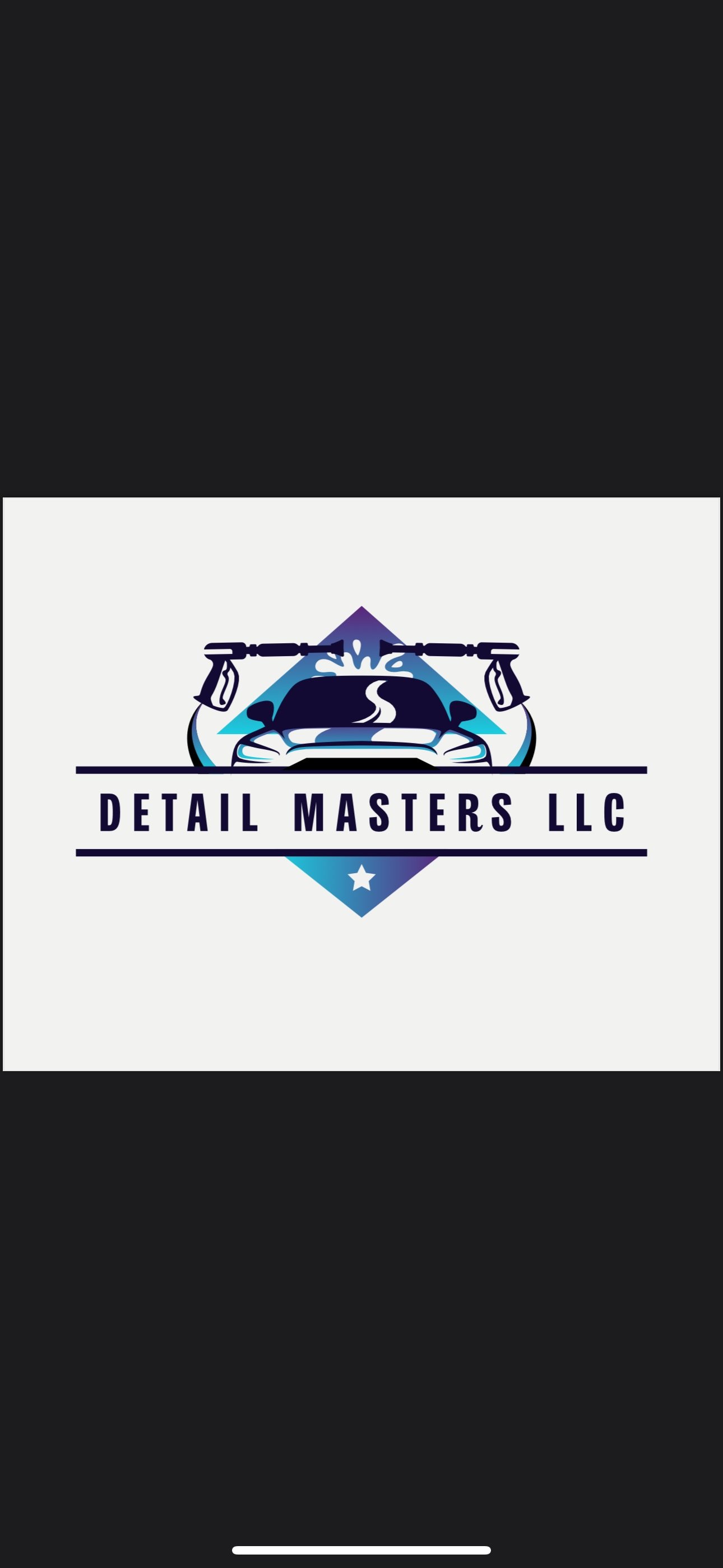 Logo for Detail Masters LLC featuring a car with two spray guns crossed above it against a diamond shape background.