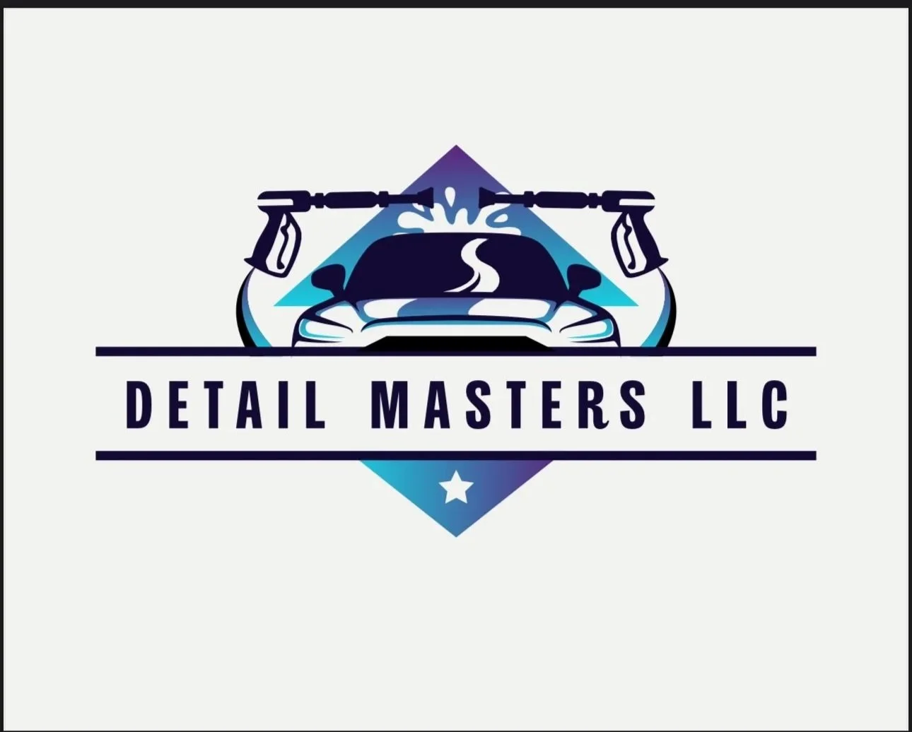 Logo for Detail Masters LLC featuring a stylized car with crossed spray guns above, a diamond shape with a star below, and the company name in bold uppercase letters.