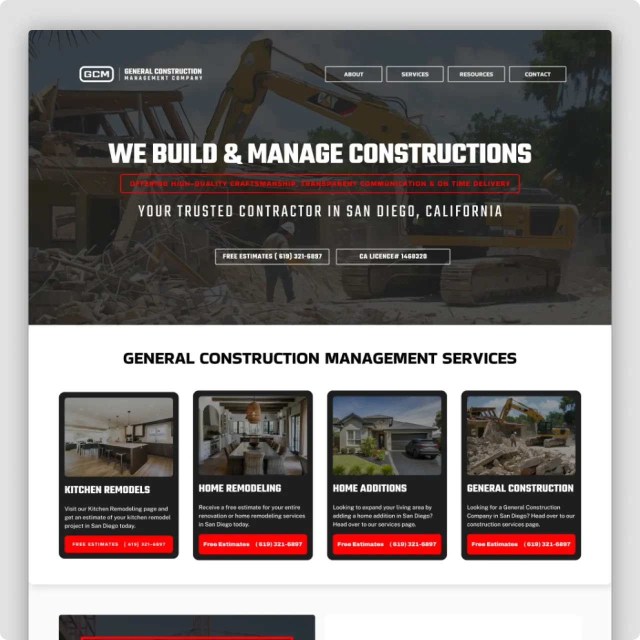 Website homepage for a construction company called GCM, featuring a large header image of construction equipment and workers, navigation menu, and sections highlighting various construction services such as kitchen remodeling, home remodeling, home additions, and general construction.