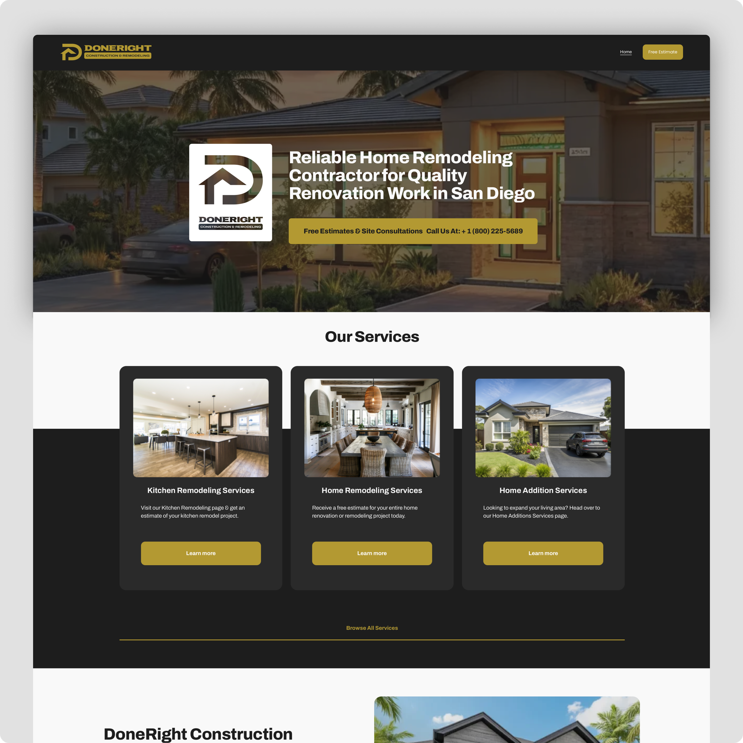 Homepage of a home remodeling website featuring the company logo, a header with slogan, and images of kitchen, dining, and house exterior services.