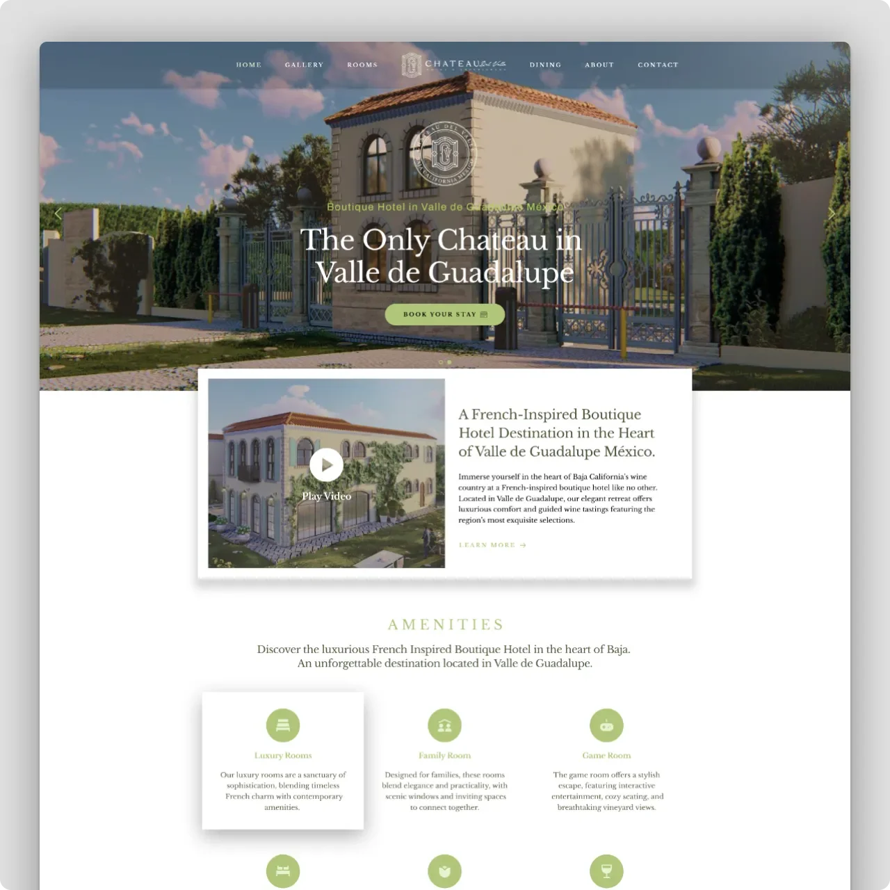 Screenshot of a hotel website for a boutique hotel in Valle de Guadalupe, Mexico, featuring a main image of a French-inspired chateau with a gated entrance, a navigation menu at the top, and sections describing amenities and a video about the hotel.