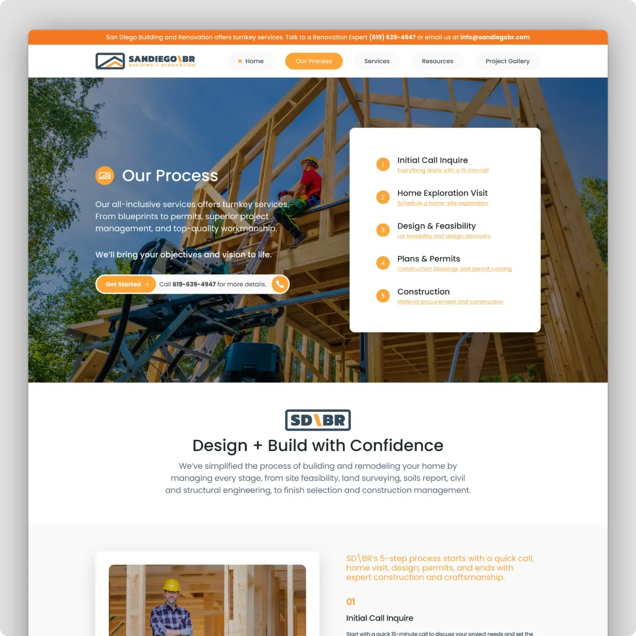 Screenshot of a construction company's website homepage featuring a large photo of a house under construction with a worker on the frame. The page highlights their building and renovation services, process steps including initial inquiry, home exploration, design, permits, and construction, with a call-to-action button.